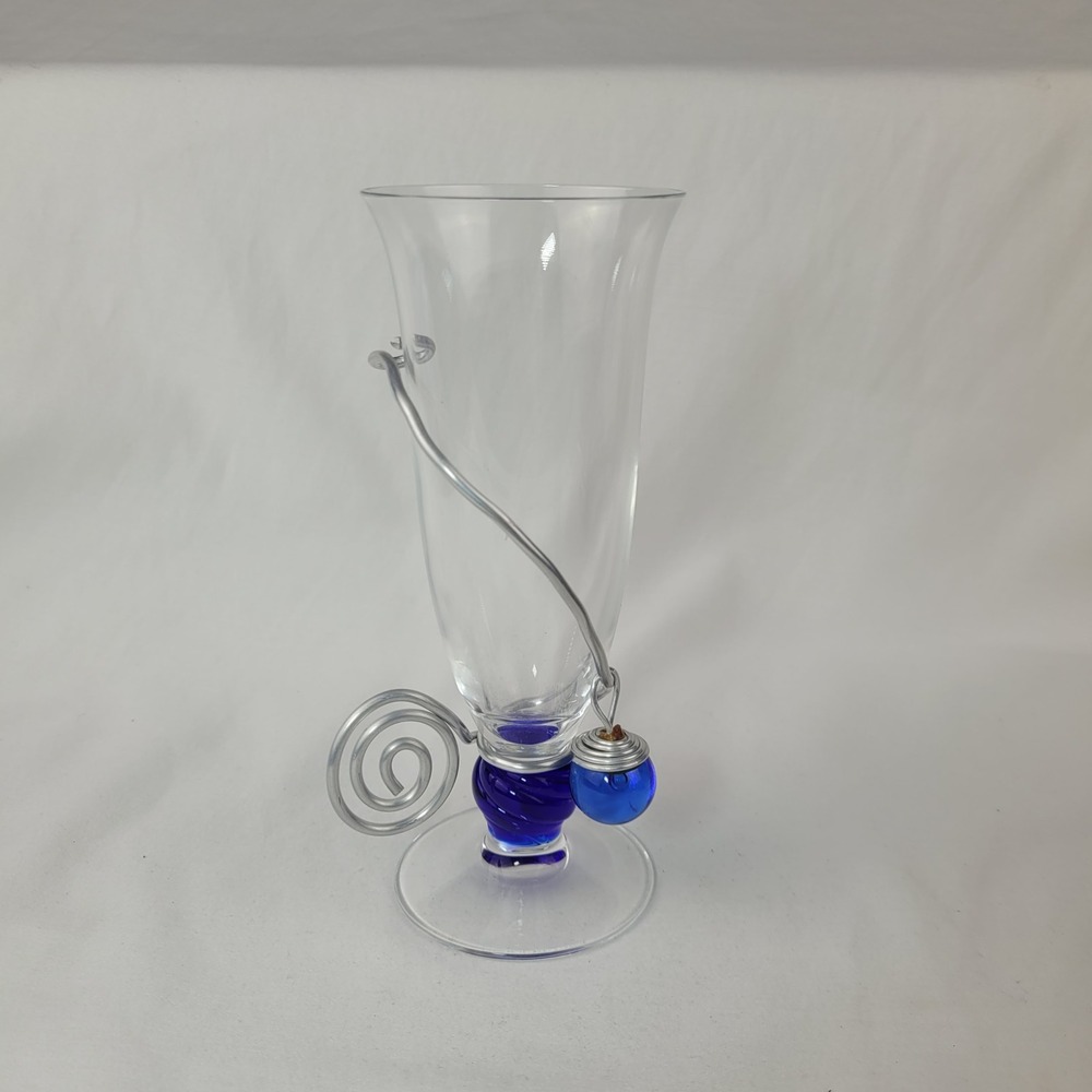 Art Glass Vase Cobalt Blue Twisted Stem Silver Wire Wrap Spiral